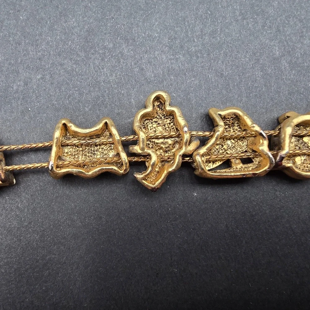 Vintage Gold Tone Ice Hockey Charm Bracelet Enamel Skates Player Net 7.25 Inch
